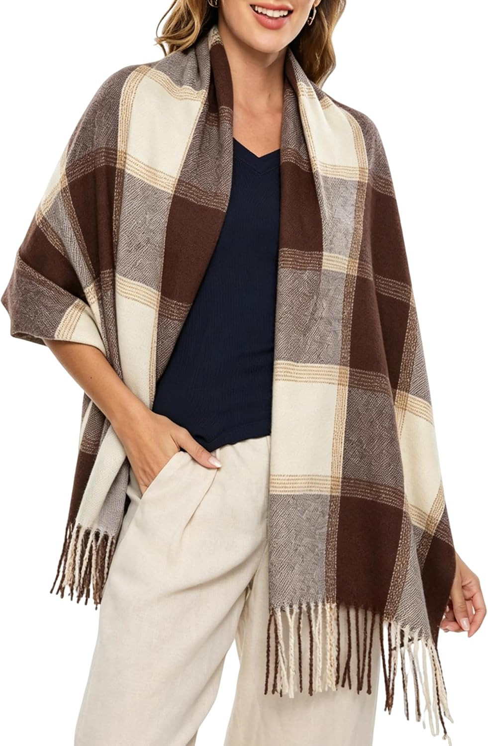 Women's Fall Winter Scarf Chunky Plaid Blanket Large Shawl Wrap with Fringe | Amazon (US)