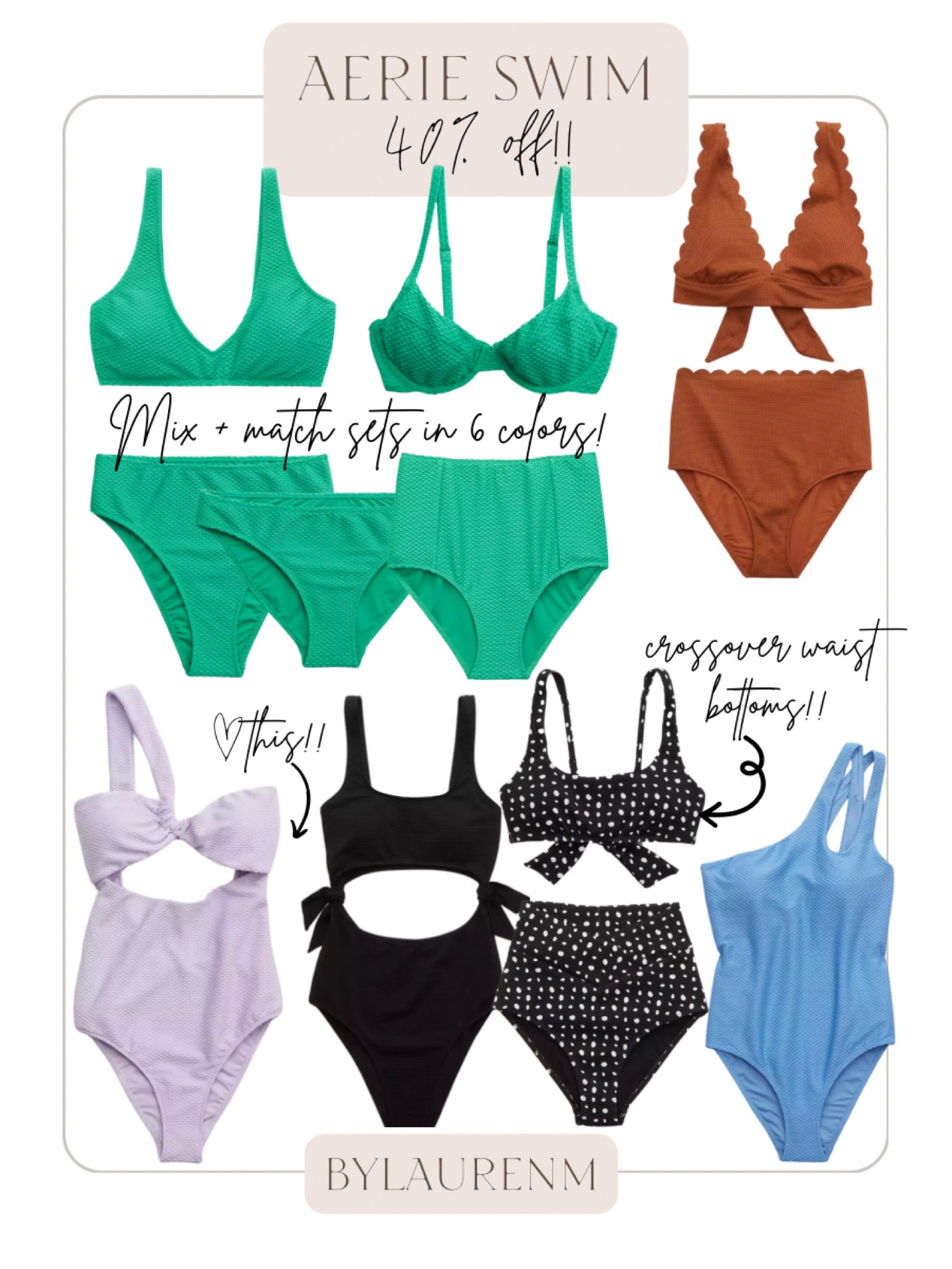 Aerie swimsuits 40% off! @aerie one piece swimsuits, two piece swim suits, bikini, swimsuit sale. Bikinis, mix and match swimmies. Vacation, beach trip, spring break, resort wear.

#LTKsalealert #LTKswim #LTKtravel