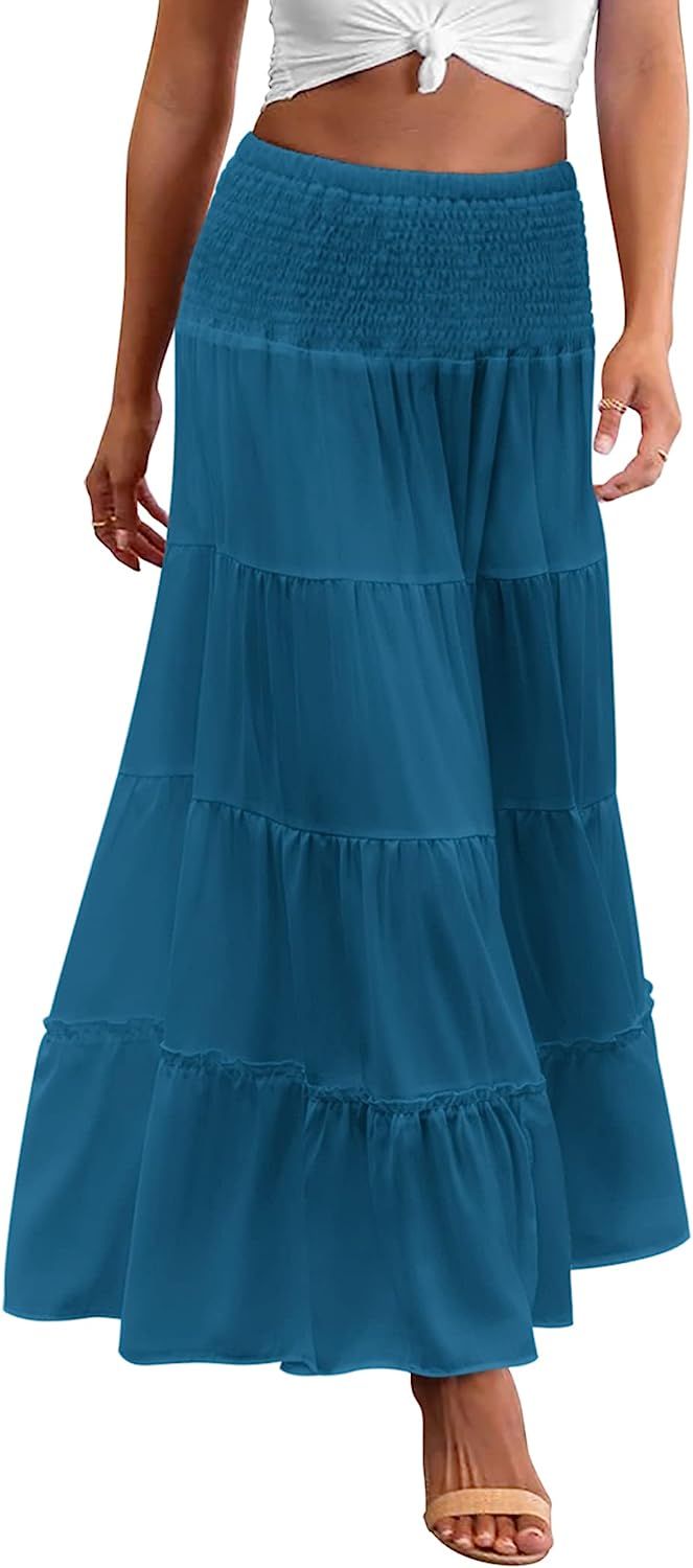 Zeagoo Women's Long Maxi Skirts Tiered High Waist Boho Elastic Layered A-Line Casual Midi Dress | Amazon (US)
