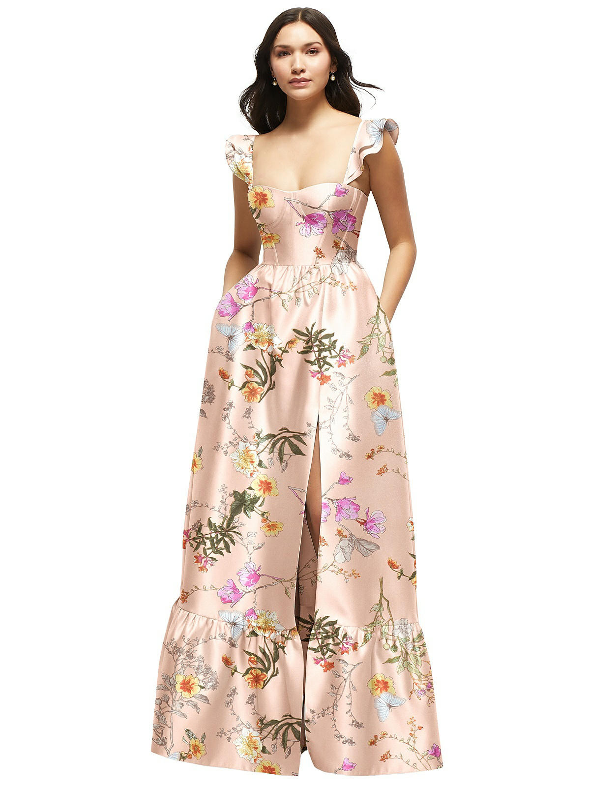 Floral Satin Corset Maxi Dress with Ruffle Straps & Skirt in Butterfly Botanica Pink Sand | The Dessy Group