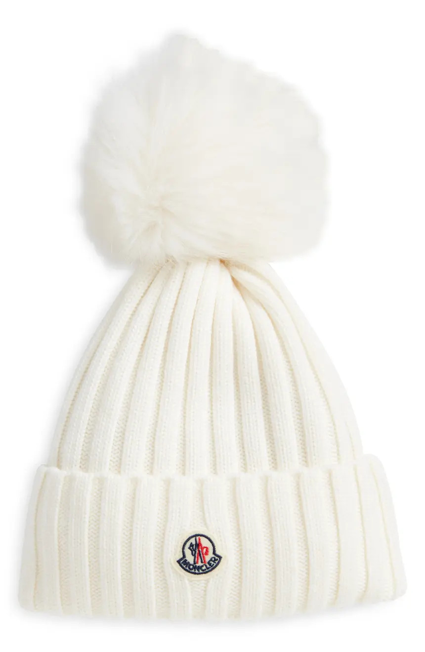 Virgin Wool Rib Beanie with Faux Fur Pompom | Nordstrom