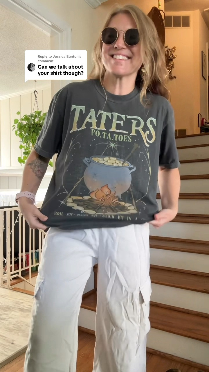 What's taters precious? Po tay toes?!?
Boil 'em, mash 'em, stick 'em in a stew!

Been wanting a Lord of the rings potato t-shirt for years. Finally found one in the cutest design. Paired my oversized graphic t-shirt with wide leg pants & clogs for a super comfy casual look. LOTR, lord of the rings.  High-Waisted Drapey Cargo Super Wide-Leg Pants

#LTKPetite #LTKSeasonal #LTKStyleTip