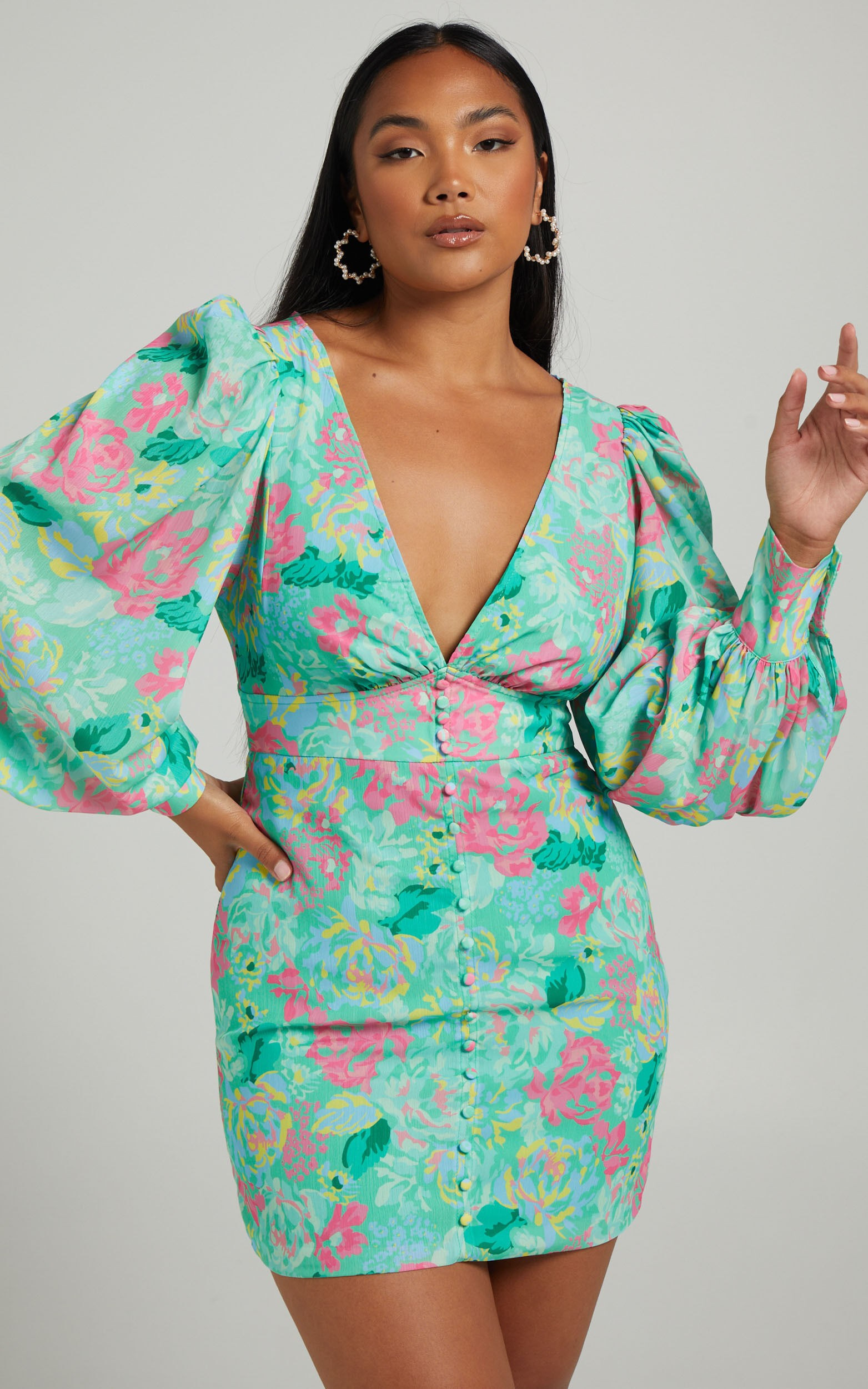 Jenelyn Long Sleeve Mini Dress in Neon Floral | Showpo - deactived