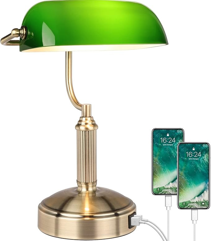 TKLINS Bankers Lamp with 2 USB Ports, Touch Control Green Glass Desk Lamp, 3 Way Dimmable Table L... | Amazon (US)