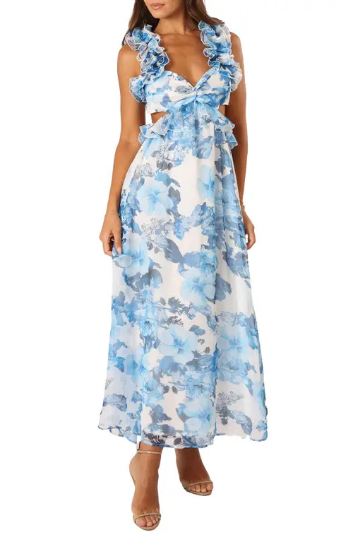 Petal & Pup Lucah Floral Ruffle Cutout Maxi Dress in Blue White Floral at Nordstrom, Size Small | Nordstrom