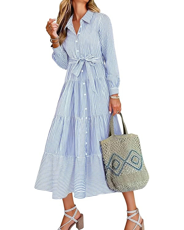 Caracilia Women Long Sleeve Maxi Dress 2025 Spring Casual Button Down Striped Plaid Tie Waist Shi... | Amazon (US)