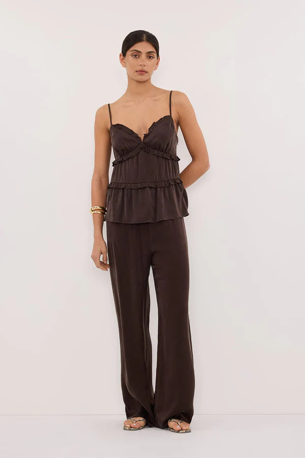 LENA BITTER CHOC SILK SLEEVELESS FRILL TOP | DISSH