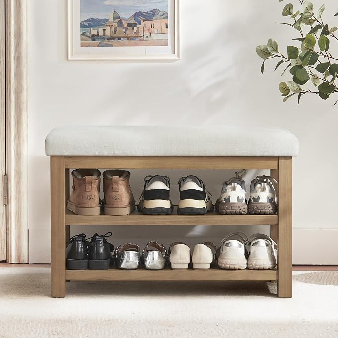 2 Tier Shoe Rack Bench with Cushion, Solid Wood Shoe Benches, Mid-Century Modern Shoe Storage Ben... | Amazon (US)