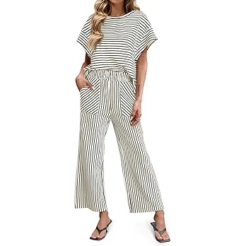 Tankaneo Womens Striped 2 Piece Sets Short Sleeve T Shirts Wide Leg Pants Matching Lounge Set wit... | Amazon (US)