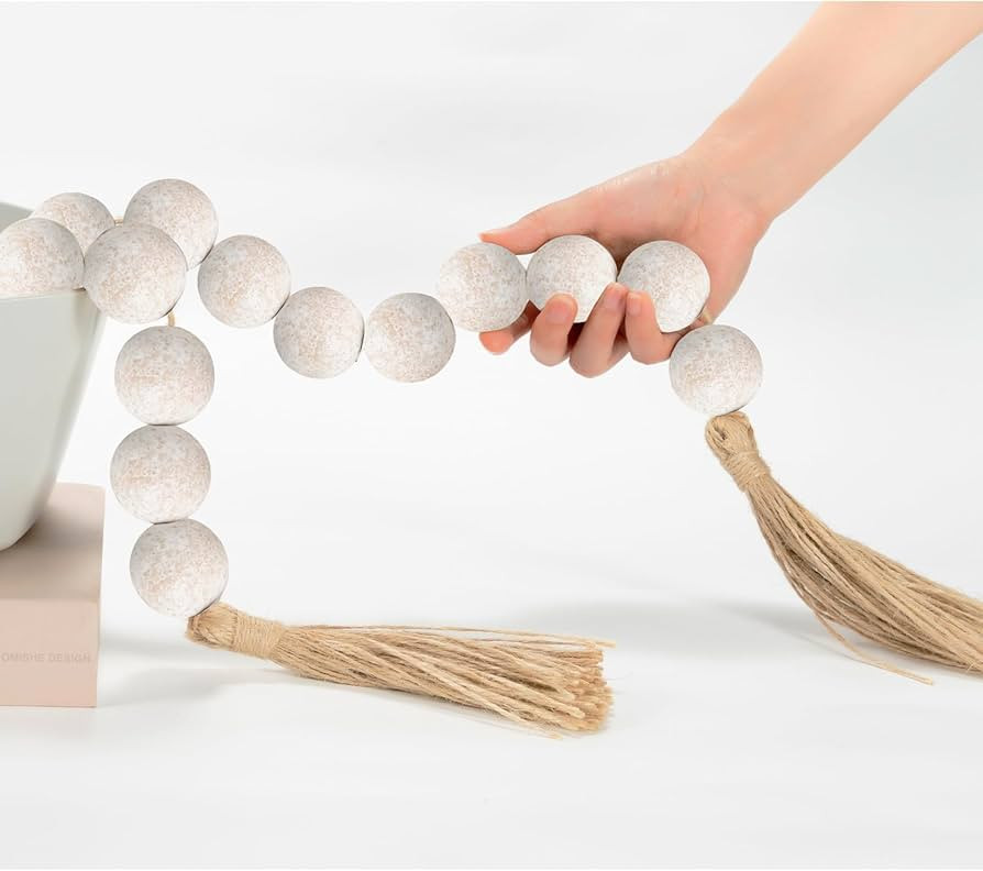 60" Long Large Wood Bead Garland with 1.6" Diameter Wooden Beads and Tassels, Rustic Farmhouse Co... | Amazon (US)