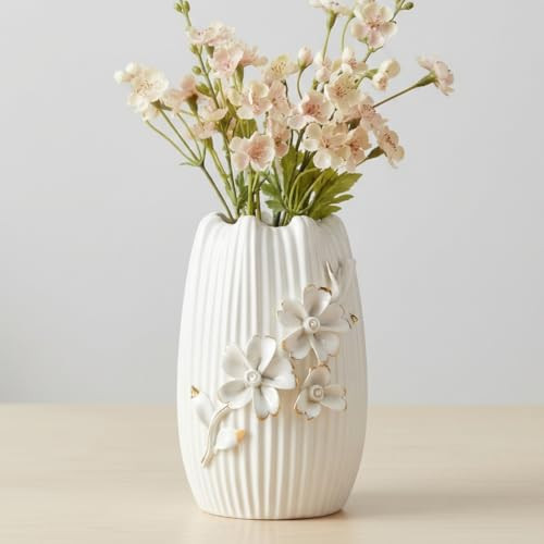 Wancetang White Ceramic Vase - 7 Inch Textured Boho Flower Vase, Modern 3D Floral Vases Home Decor, Living Room, Table, Wedding Decor, Easter Centerpiece | Amazon (US)