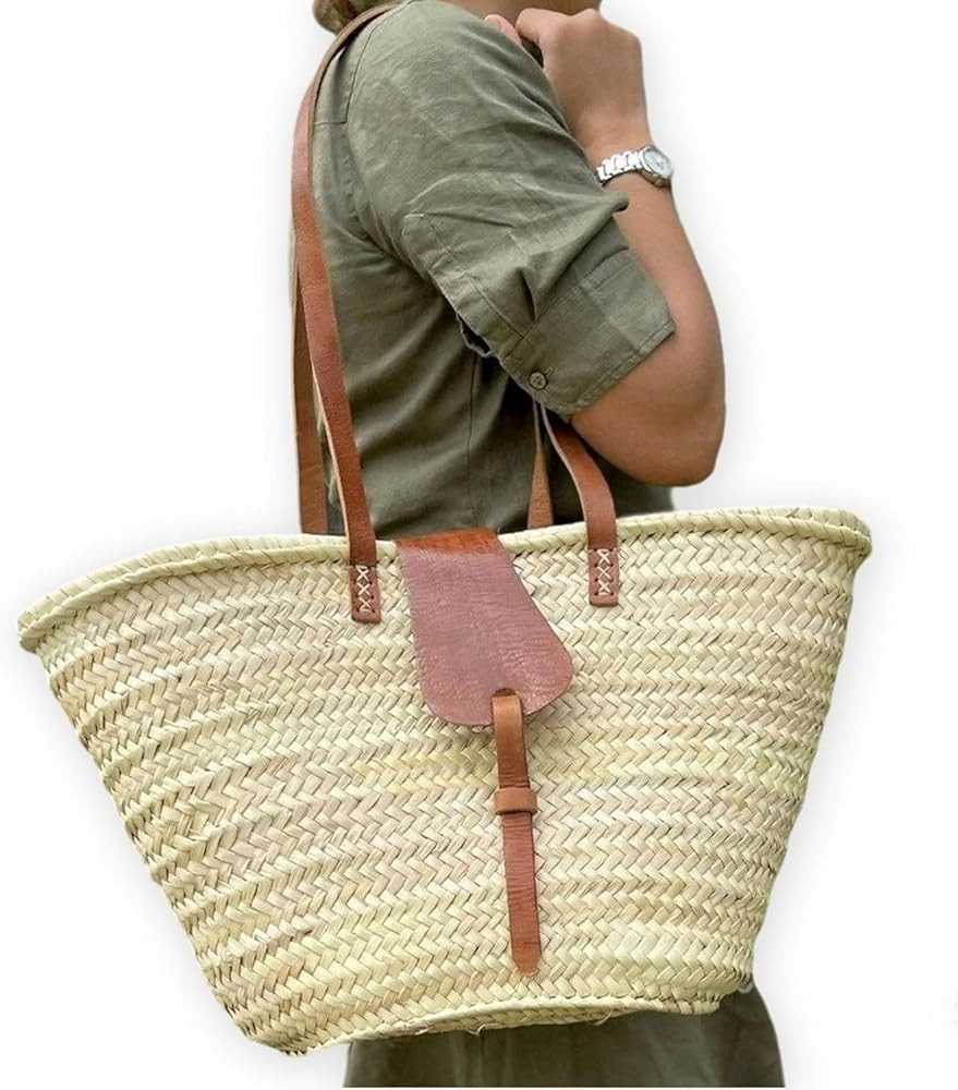 French Market Basket with Leather Handles – Large Straw Tote for Women, Perfect for Market or B... | Amazon (US)