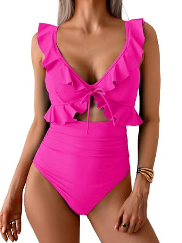 Eomenie One Piece Swimsuit for Women Tummy Control Ruffle Bathing Suit V Neck Ruched Swim Suit Slimming Cutout Swimwear Hot Pink | Amazon (US)