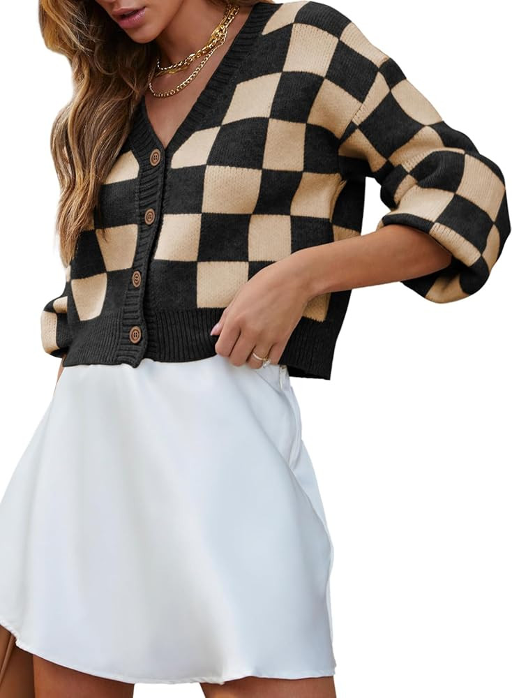 Dokotoo Womens Checkered V Neck Button Down Long Sleeve Cable Knit Cropped Cardigan Sweaters Tops | Amazon (US)