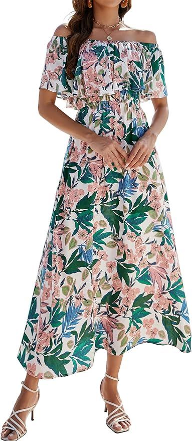Bluetime Womens Maxi Dress Off Shoulder Floral Print Boho Beach Long Summer Dresses | Amazon (US)