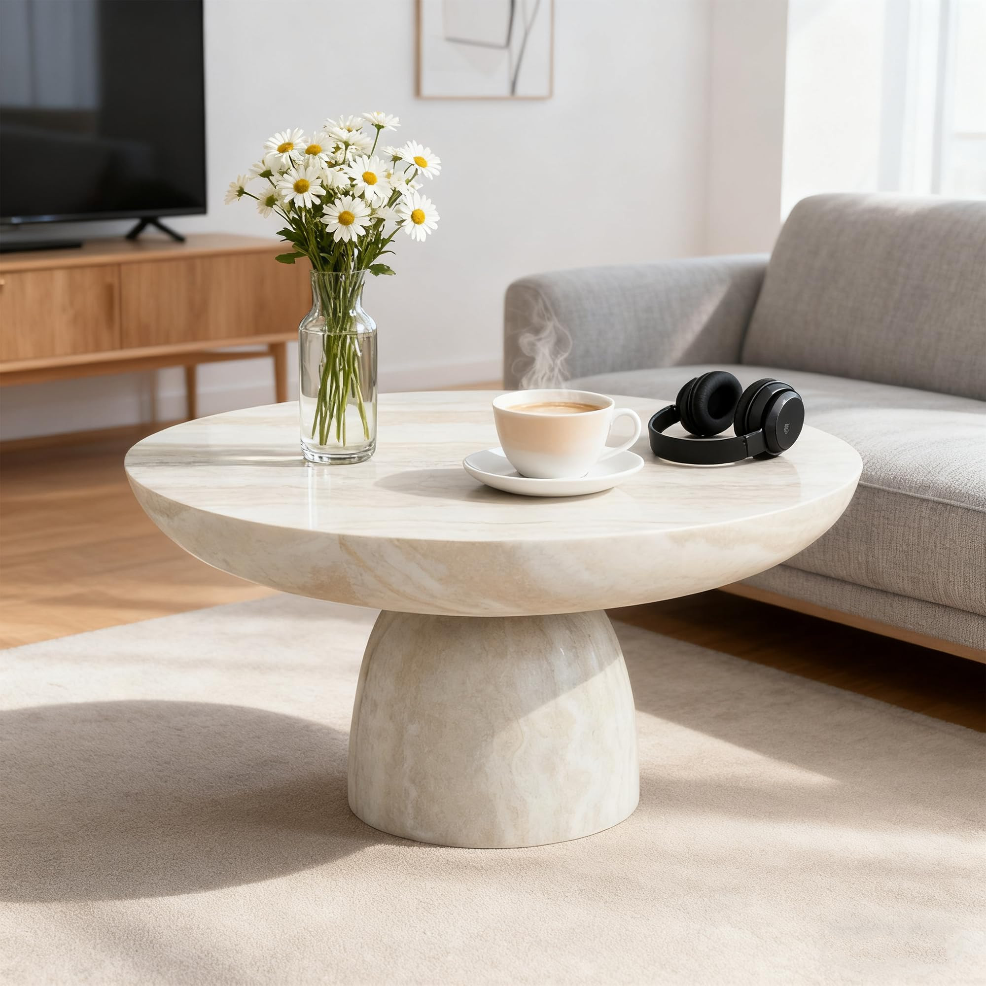 31.5" Coffee Table in Faux Marble, Modern Fiberglass Mushroom Coffee Table with Cylindrical Leg, ... | Amazon (US)