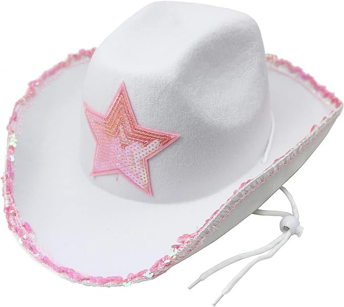 GiftExpress White Felt Cowgirl Hat with Pink Sequin Star, Country Themed Party Cowboy Dressup Pla... | Amazon (US)