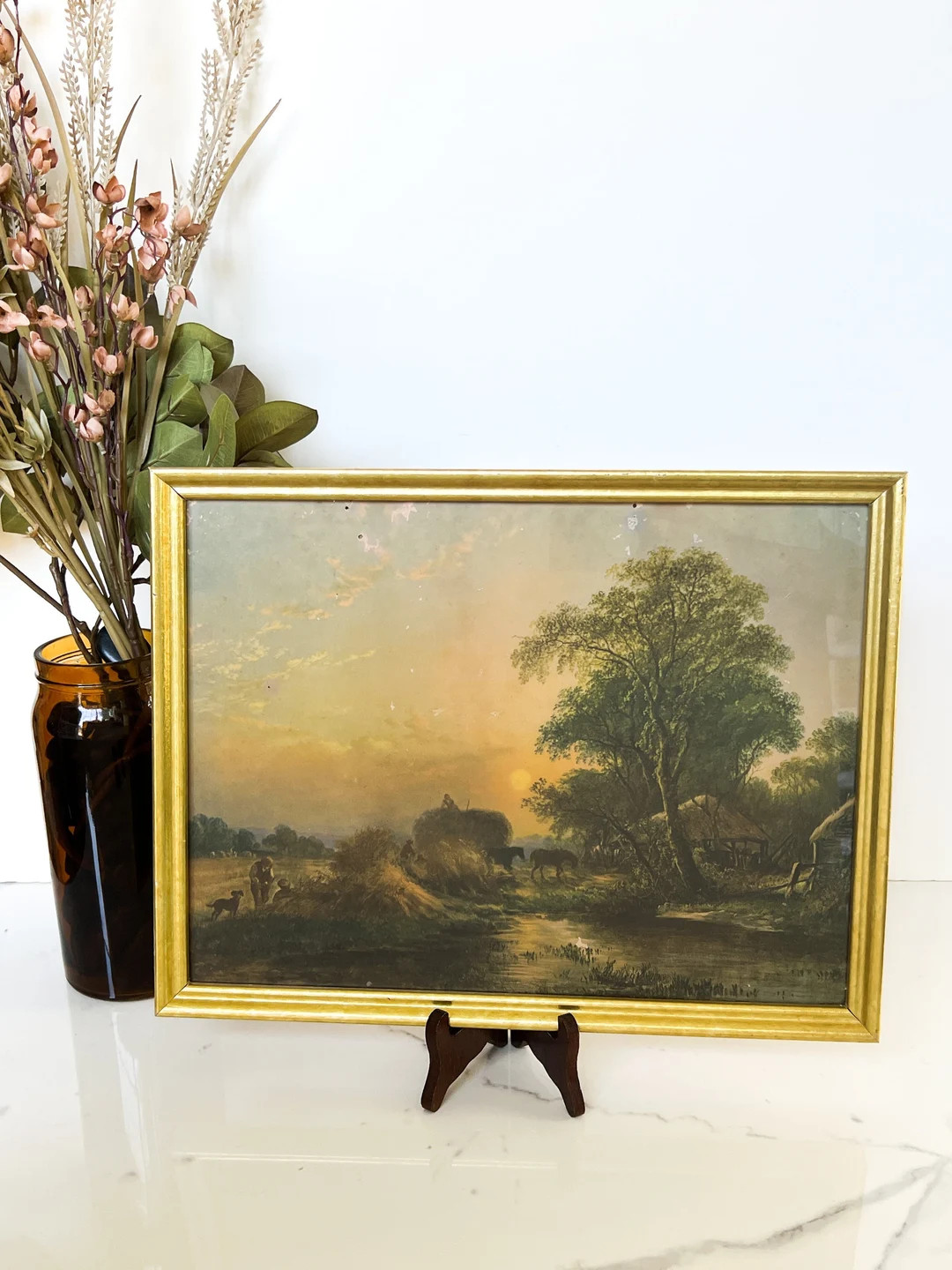 Vintage Framed Lithograph Harvest Sunset Landscape Scene With - Etsy | Etsy (US)