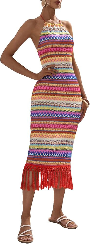 Floerns Women's Asymmetrical Fringe Hem Sleeveless Bodycon Party Long Dress | Amazon (US)