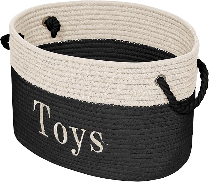 Toy Rope Storage Basket - 15 x 11 x 9 Toy Bin - Embroidered Storage Bins - Black and White Basket... | Amazon (US)