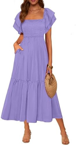 MASCOMODA Womens Summer Casual Midi Dress Square Neck Ruffle Short Sleeve Smocked High Waist A Li... | Amazon (US)