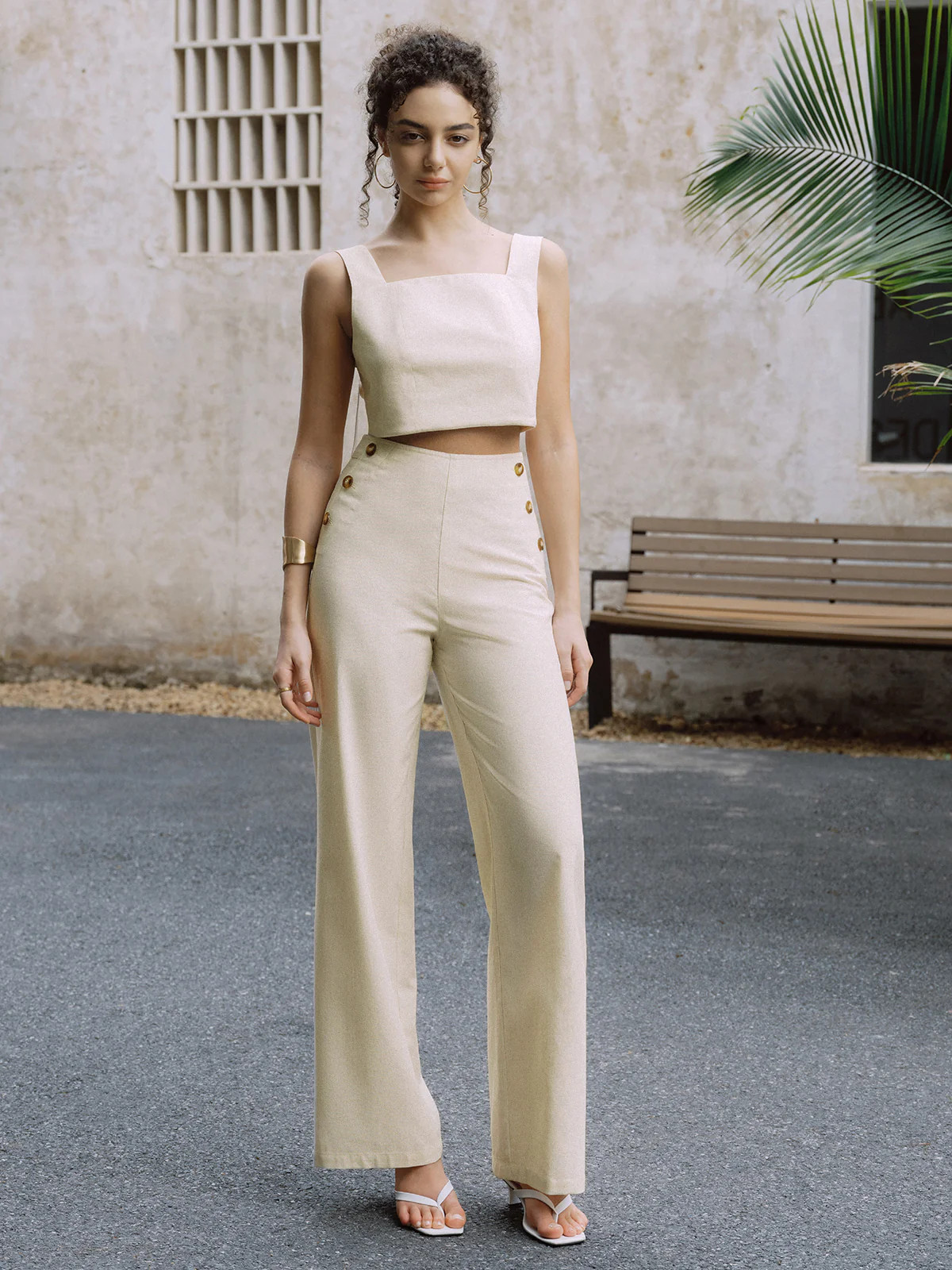 Cotton & Linen Button Decor Tank Top With Straight Leg Pants Set | Commense