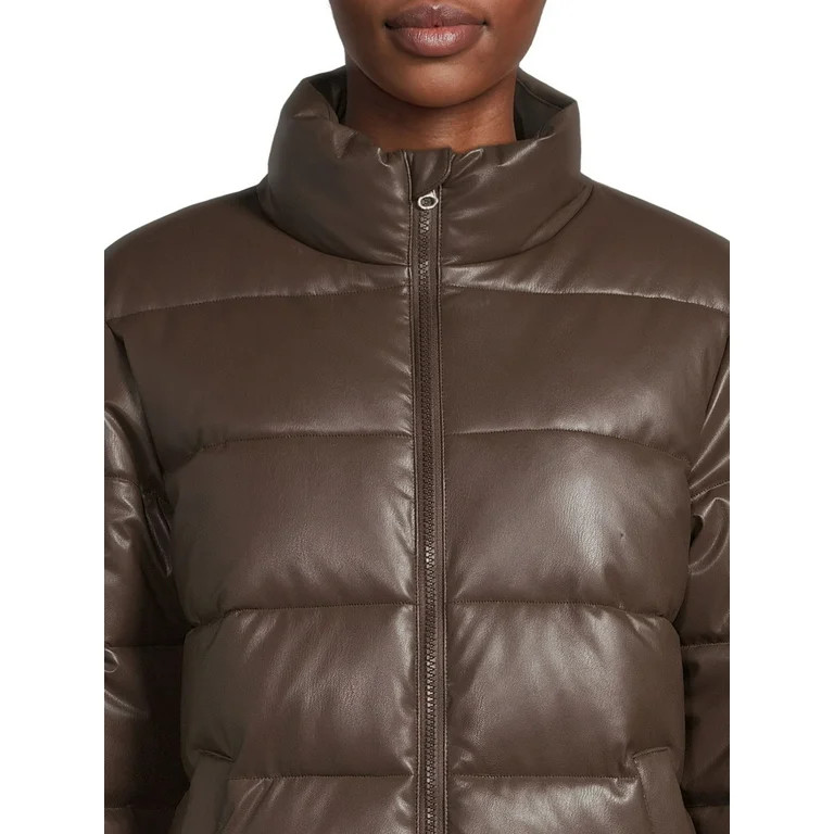 Time and Tru Women's Short Faux Leather Puffer Jacket, Sizes XS-3X | Walmart (US)