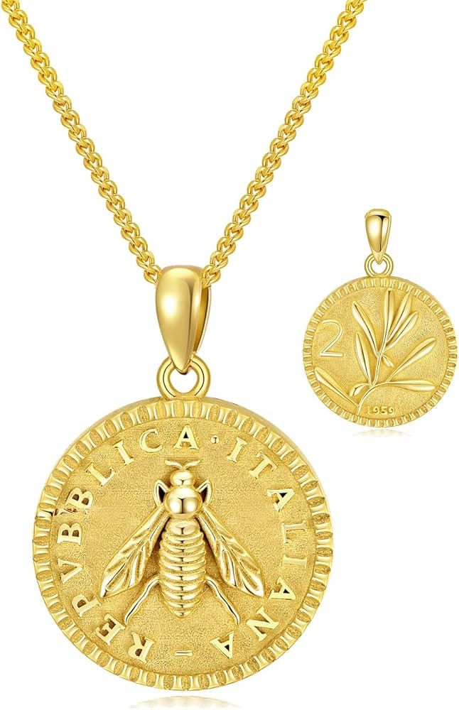 925 Sterling Silver 2 Lira Italian Bee Coin Necklace for Women Lire 18K Gold Plated Pendant Birthday Present for Mom Wife Grandmother | Amazon (US)