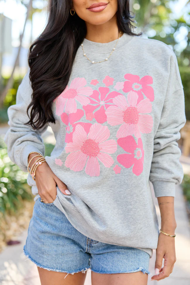Organic Floral Print Light Grey Graphic Sweatshirt | Pink Lily