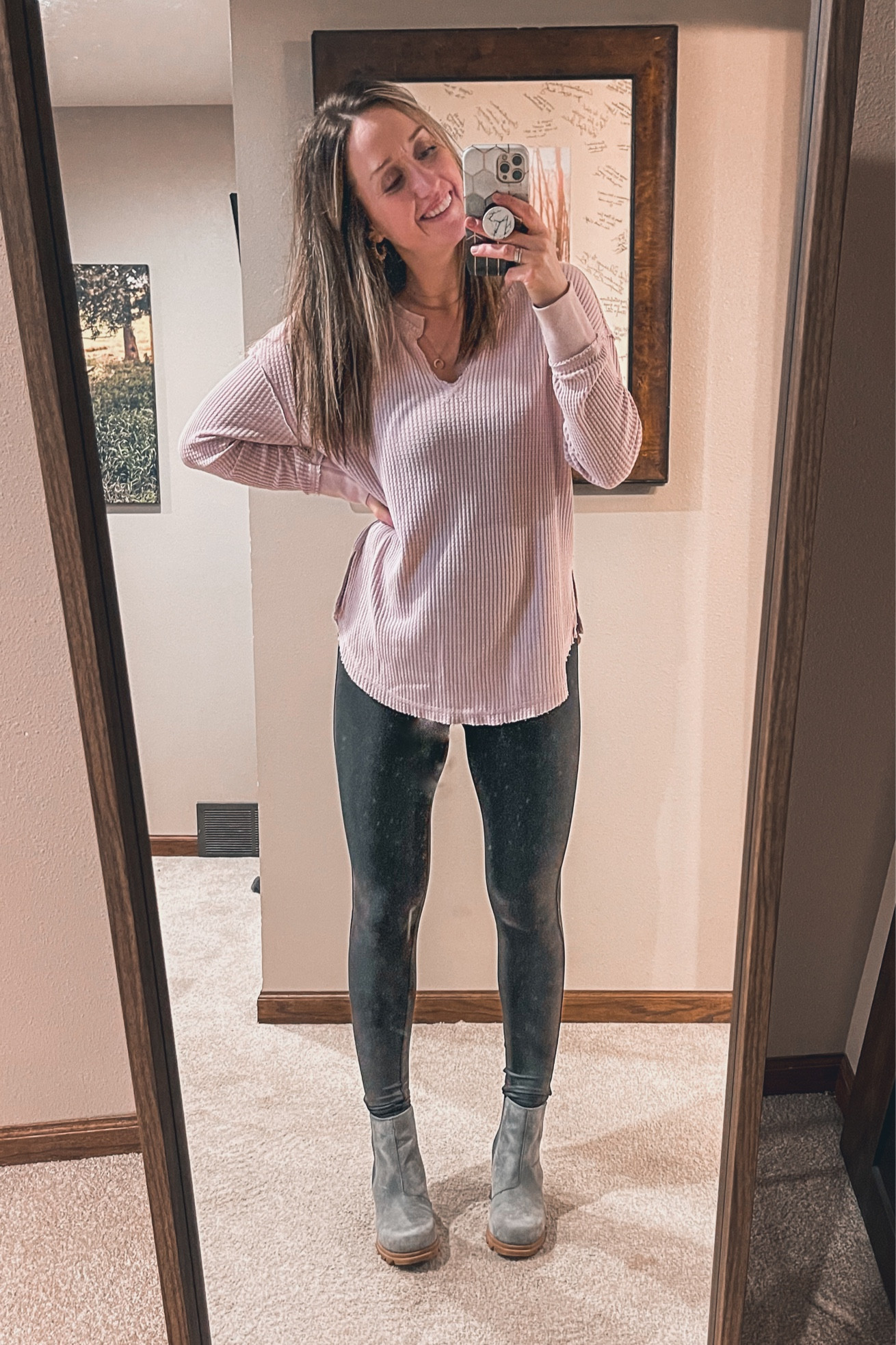 Church fit! These are the viral Spanx leather leggings - I sized up to a medium for a comfier fit. The shirt is oversized and longer in a size small. These Sorel boots are true to size.

#LTKSeasonal #LTKbump