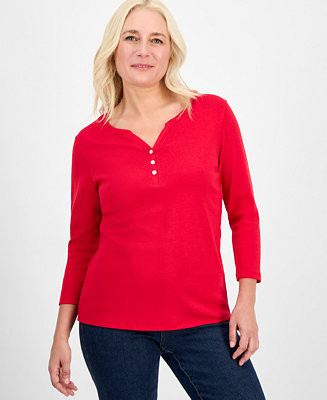 Women's Cotton 3/4-Sleeve Henley Tee | Macy's