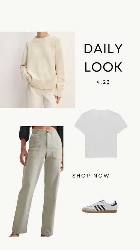 Daily Look 4.23 | White tee, ivory sweater, olive green utility pants , adidas samba sneakers. 

Spring outfit
Spring style
Minimal style
Capsule wardrobe
Capsule style
Adidas samba outfits



#LTKfindsunder100 #LTKstyletip #LTKshoecrush