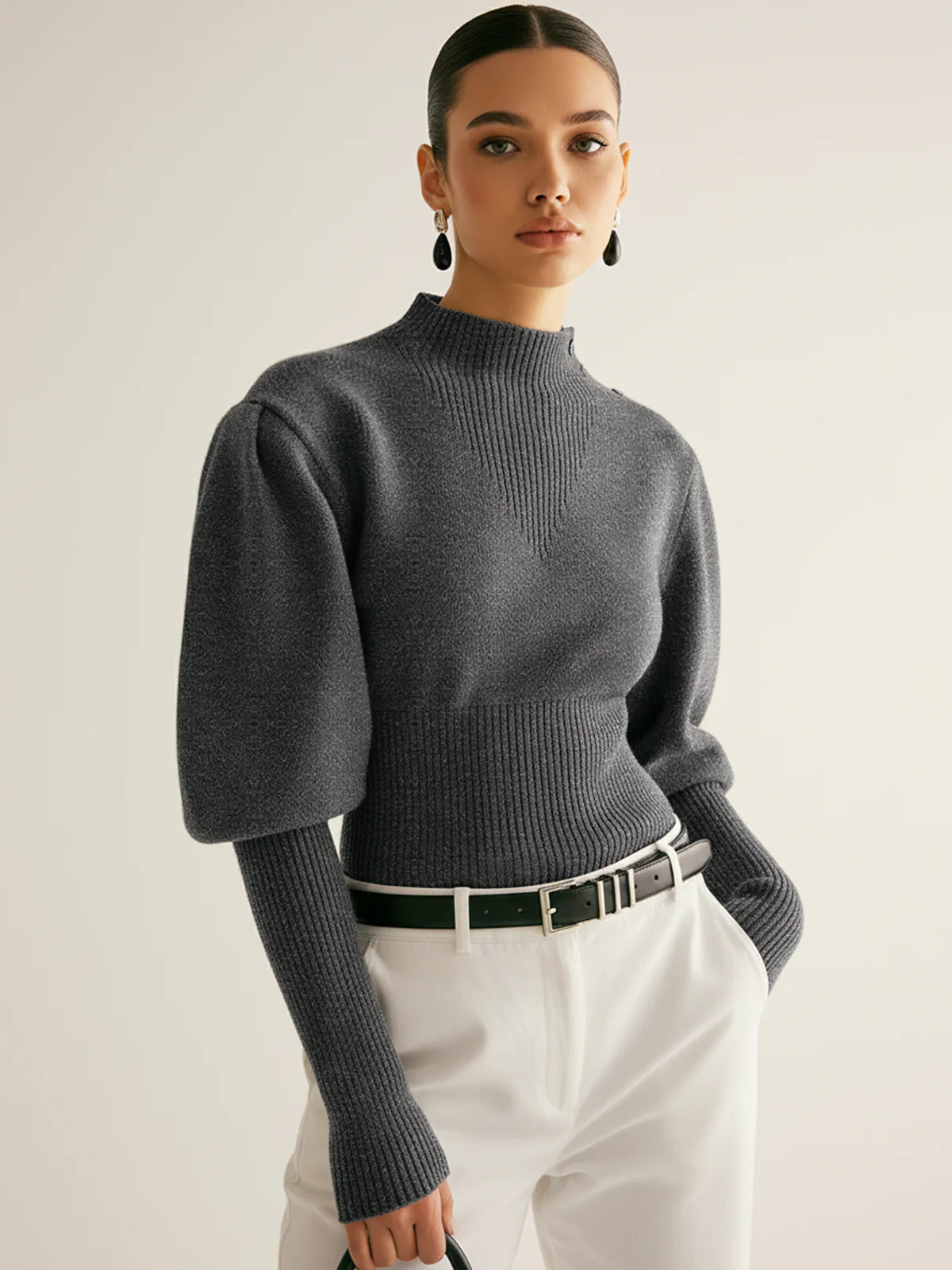 Leg-Of-Mutton Sleeve Button Detail Sweater | Commense