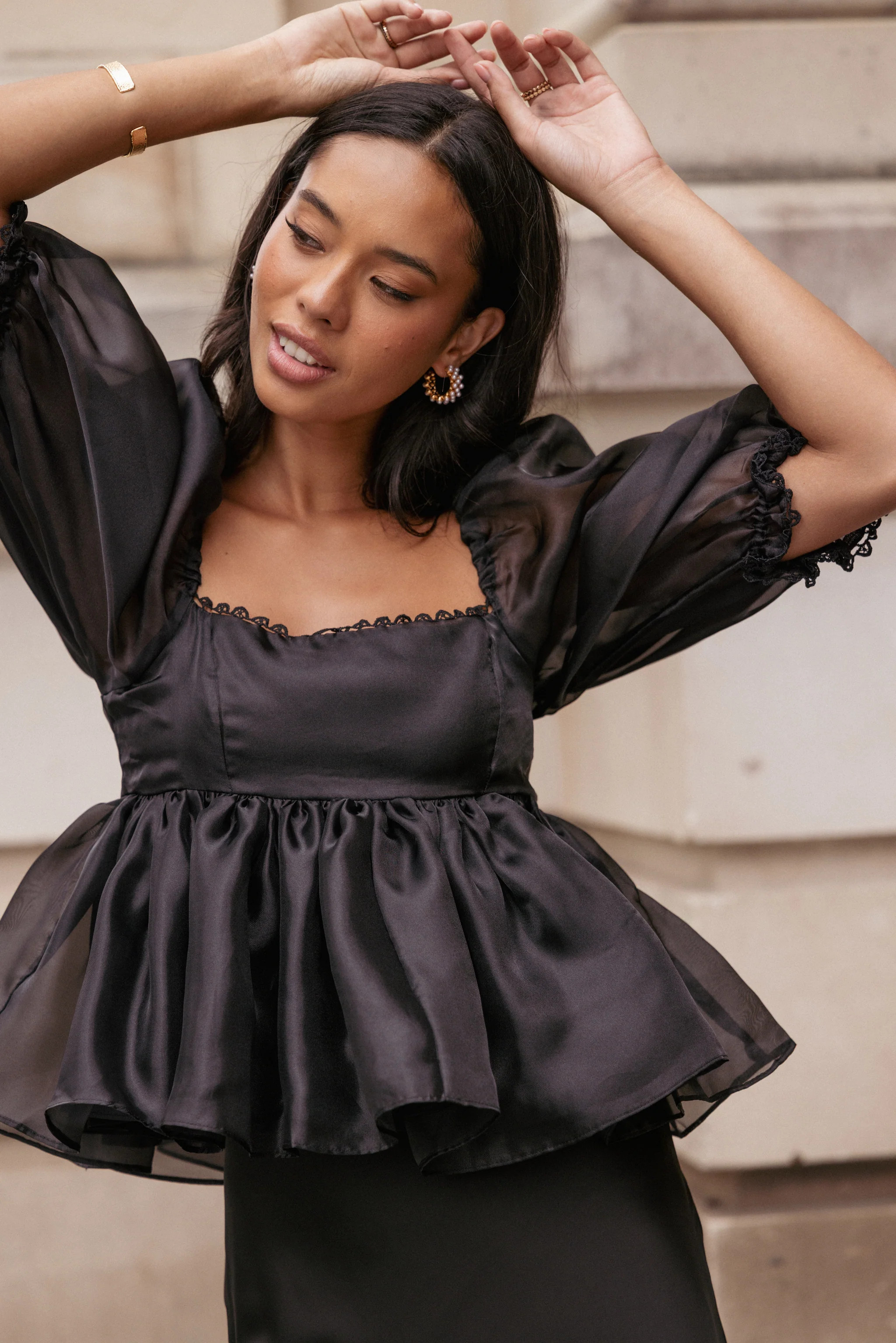Solenne Puff Sleeve Peplum Organza Top - Black | Petal & Pup (US)