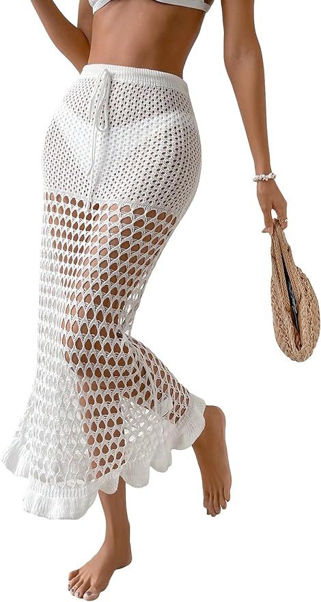 OYOANGLE Women's Crochet Hollow Out Ruffle Trim Drawstring Waist Maxi Beach Skirts Swimsuit Cover... | Amazon (US)