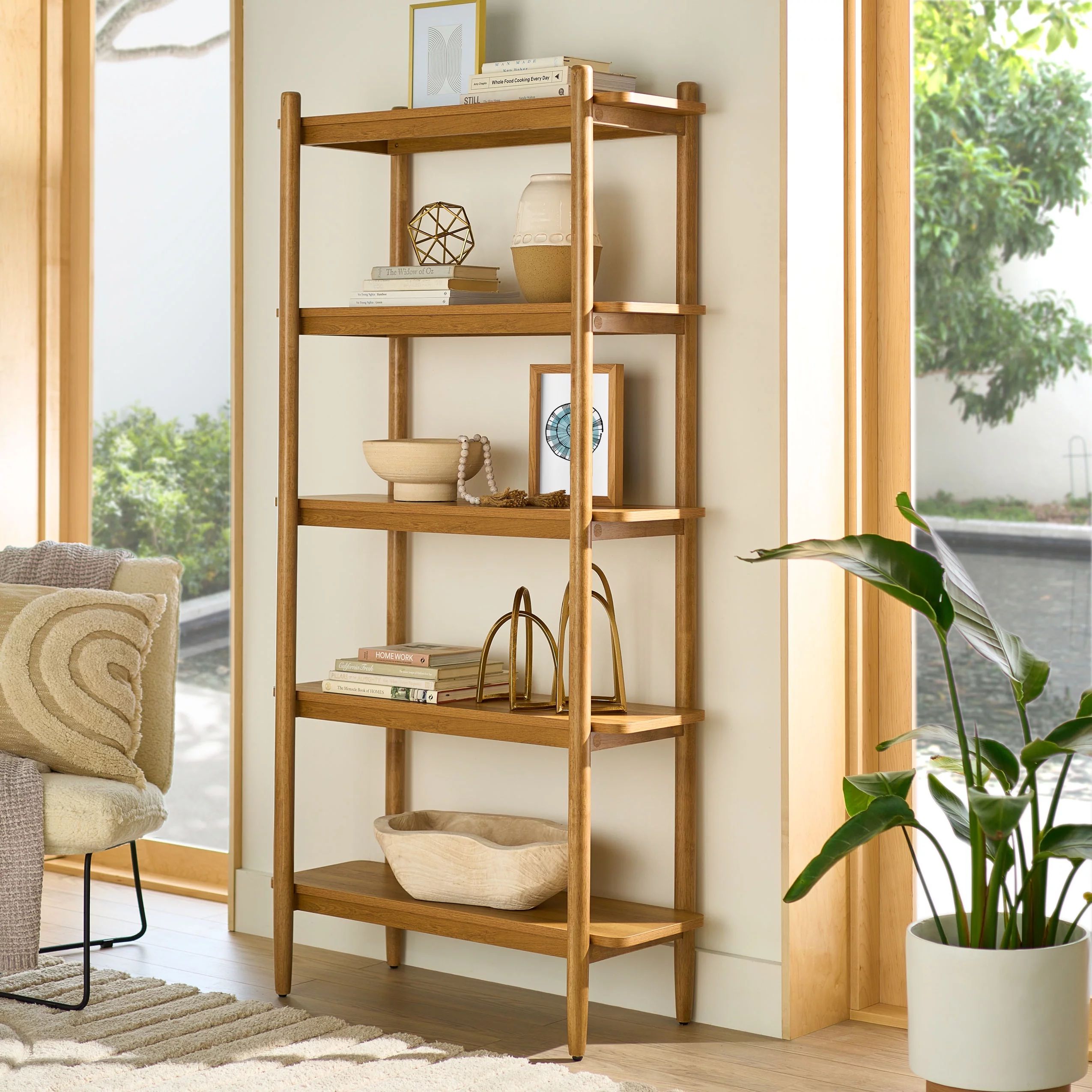 Better Homes & Gardens Springwood 5 Shelf Bookcase with Solid Wood Frame, Light Honey Finish - Wa... | Walmart (US)
