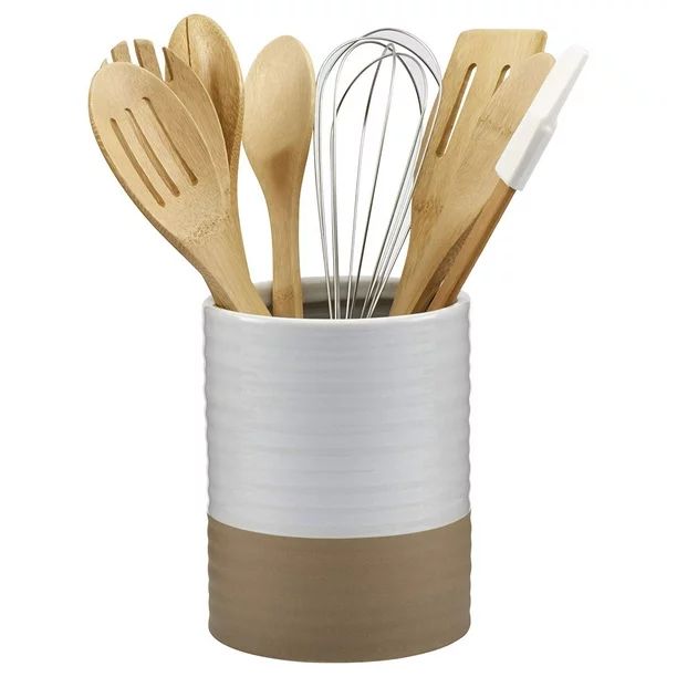 Basic Essentials Kitchen 8 Piece White/Brown Ceramic Tub of Tools Crock with Utensil Sets-Ceramic... | Walmart (US)