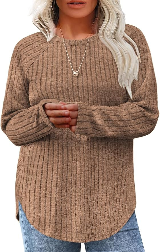 Eytino Plus Size Tops for Women Fall Soft Solid Crewneck Long Sleeve Knitted Pullover Blouses Shi... | Amazon (US)