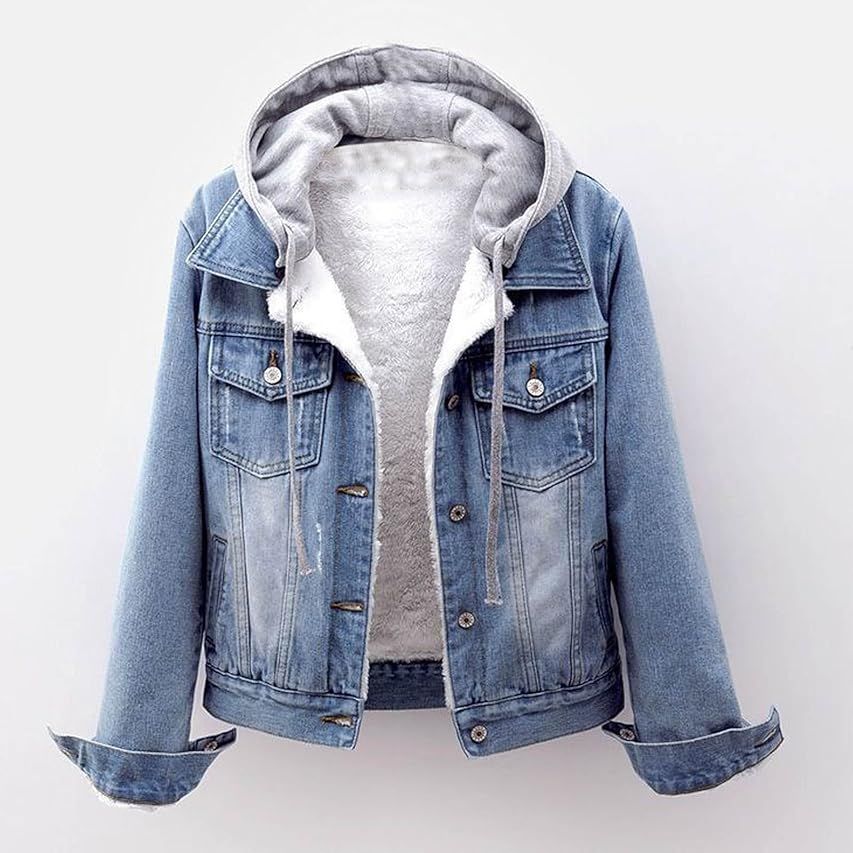 Allegra K Women's Jean Jacket Button Up Drawstring Detachable Hoodie Denim Jackets | Amazon (US)