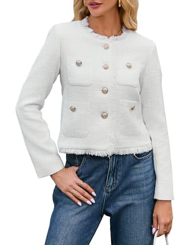 Cropped Tweed Blazer Jackets for Women Elegant Collarless Long Sleeve Button Down Work Office Blazer Jacket | Amazon (US)