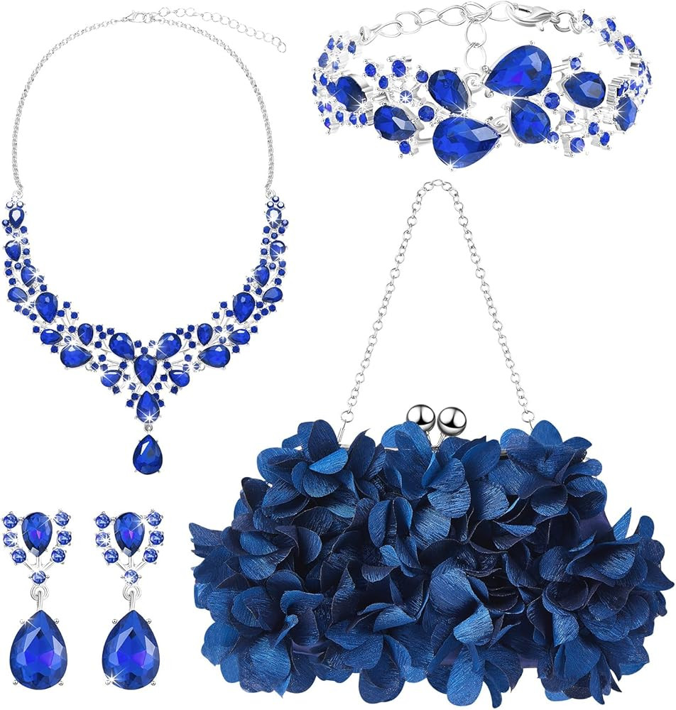 4 Pcs Flower Clutch Rhinestone Jewelry Set Rose Clutch Handbags with Detachable Strap Detachable ... | Amazon (US)