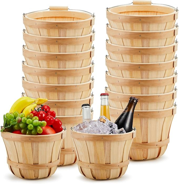 Marsui 16 Pcs 7.5 x 5.9 in Round Wooden Basket Apple Basket Bushel Bulk Fruit Buckets with Handle... | Amazon (US)
