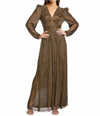 Alex Marie Bella Crinkle Metallic V-Neck Blouson Long Sleeve A-Line Gown | Dillard's | Dillard's