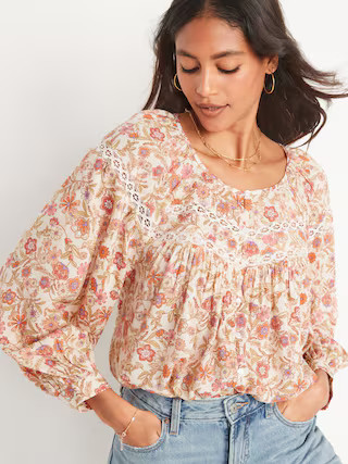Long-Sleeve Lace-Trimmed Floral-Print Blouse for Women | Old Navy (US)