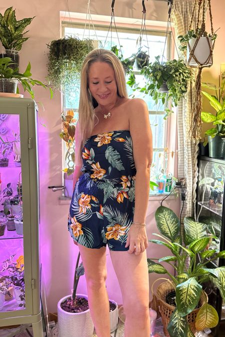Tropical print strapless romper. Fits great and tall approved! Amazon fashion finds 

#LTKfindsunder50 #LTKstyletip #LTKSeasonal