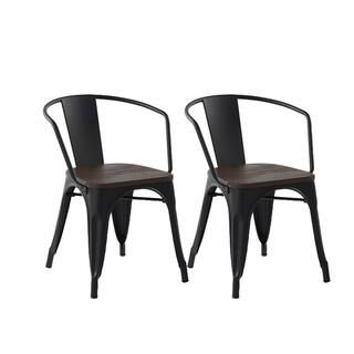 Mosan Black Metal Tolix Style Stackable Arm Dining Chairs With Wood Seat (Set of 2) | The Home Depot