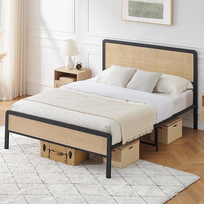 IDEALHOUSE Full Size Bed Frame with Rattan Headboard and Footboard, Platform Full Bed Frame with ... | Amazon (US)