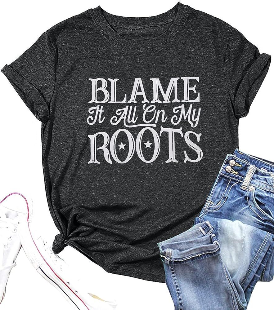 KIMSOONG Country Music Tshirt Women Blame it All On My Roots Shirts Letter Print Shirt Funny Vint... | Amazon (US)