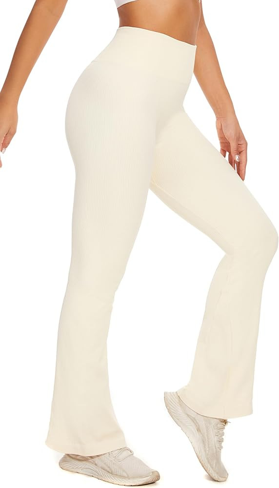 DINNAPE Flare Leggings for Women - No Front Seam High Waisted Tummy Control Ribbed Leggings Comfy... | Amazon (US)