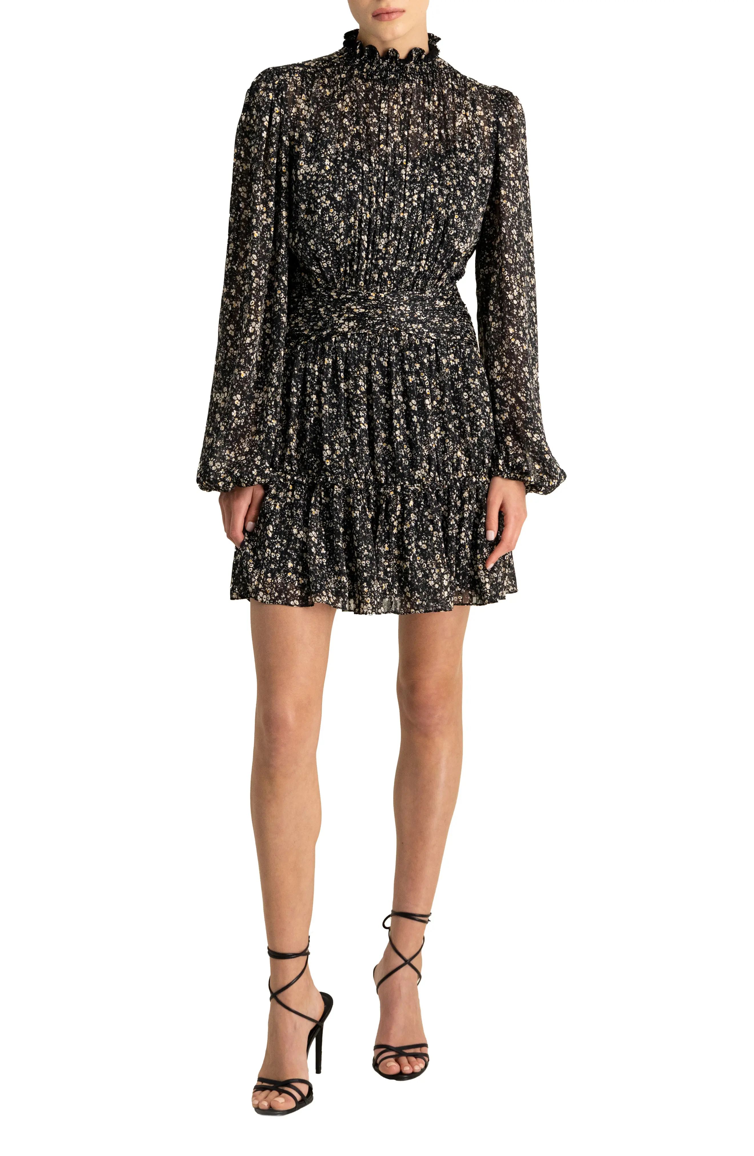 ML Monique Lhuillier Floral Long Sleeve Minidress in Jet Field Of Ditzies at Nordstrom, Size 6 | Nordstrom